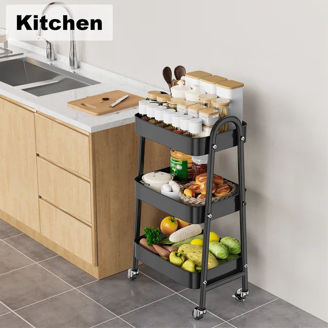 VAVSEA Metal Rolling Utility Cart, 3-Tier Rolling Storage Trolley Cart with Lockable Wheels, Laundry Room Organizer Cart with Handle for Kitchen Office Bathroom, Black