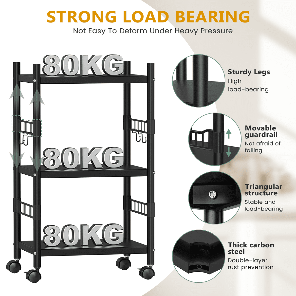 3-Tier Kitchen Rolling Cart, Utility Shelf Microwave Stand Storage Cart, Kitchen Baker's Rack