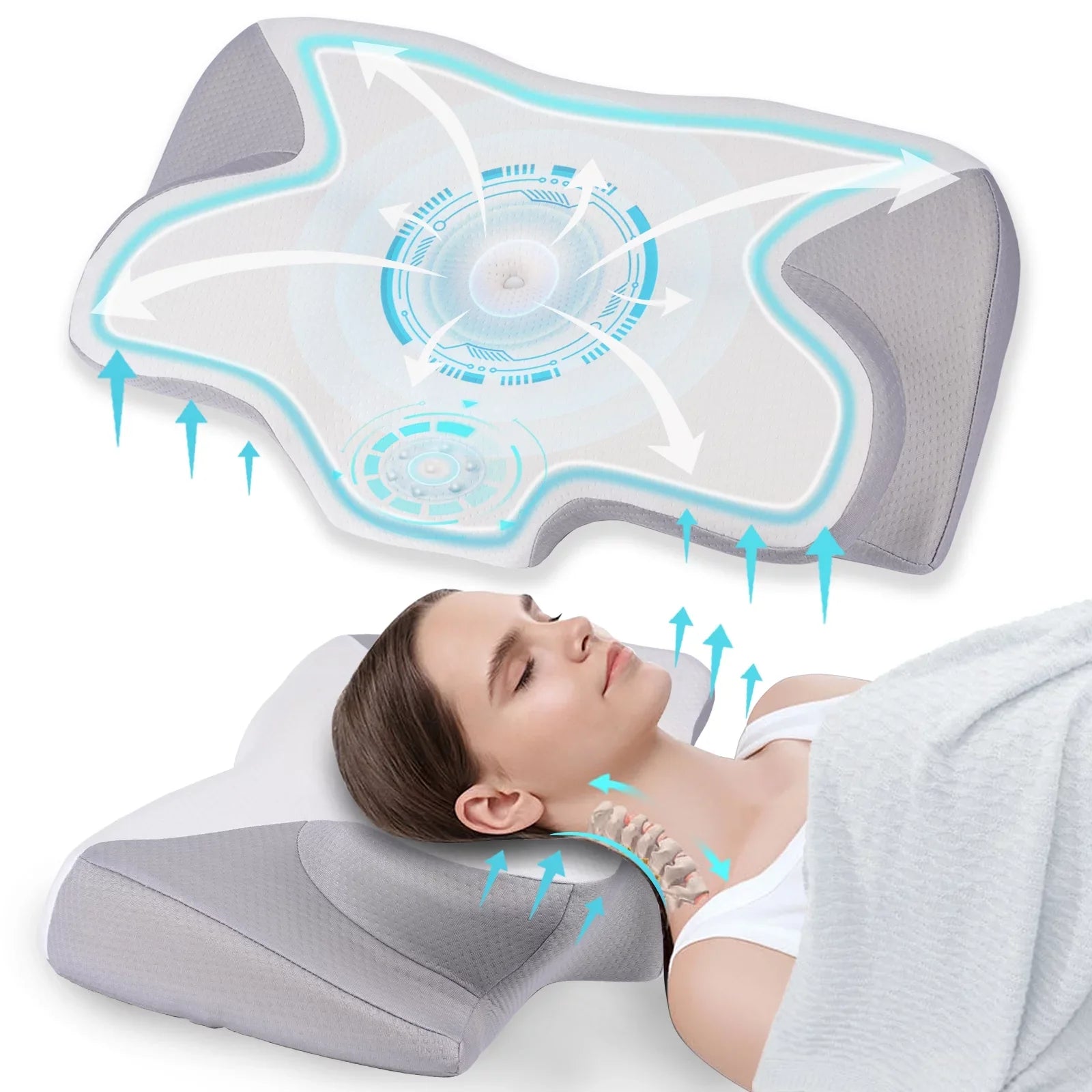 Cervical Pillow for Neck Pain Relief, Contour Memory Foam, Ergonomic Orthopedic Neck Support Pillow for Side, Back & Stomach Sleepers with Breathable Pillowcase, Grey