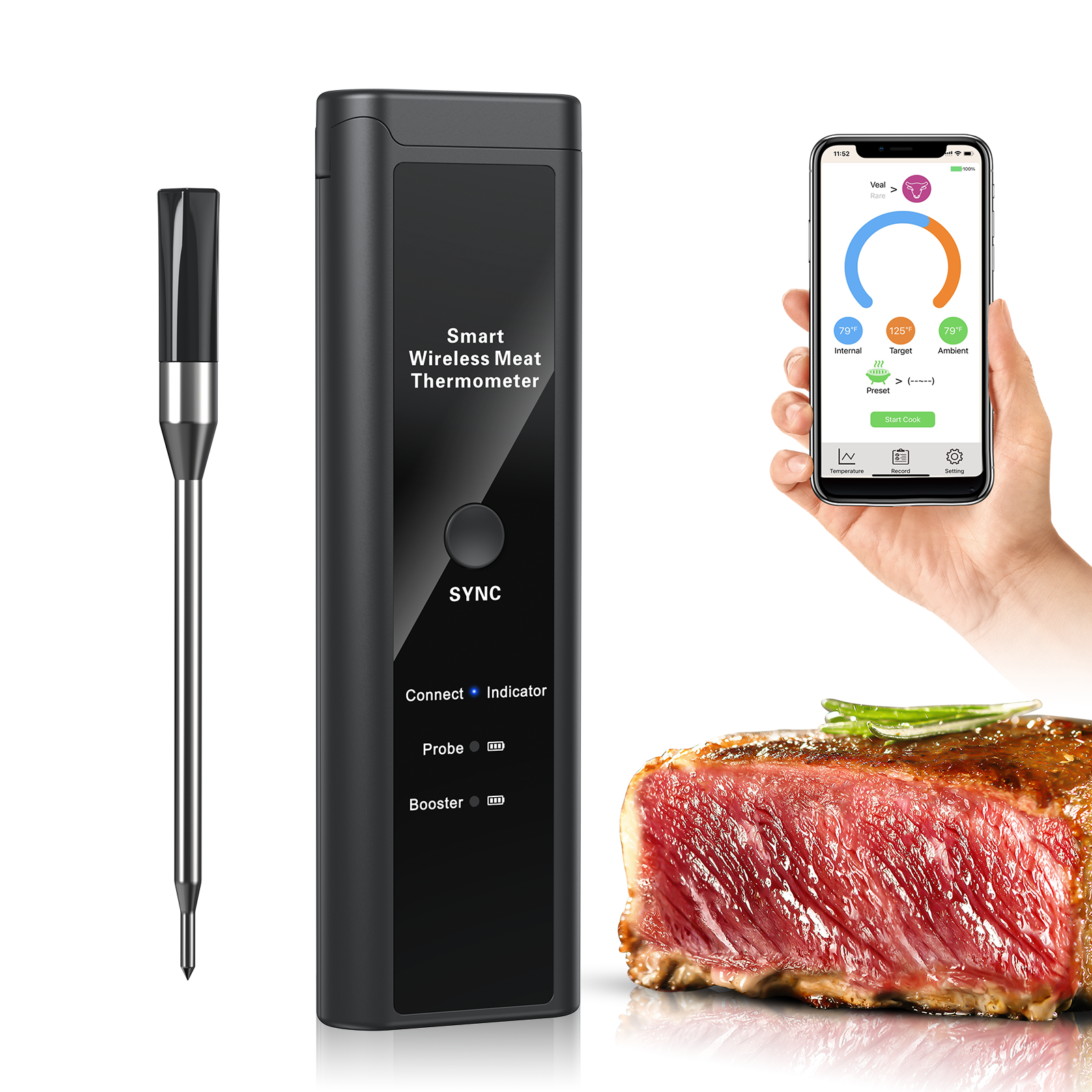 Long Range Wireless Meat Thermometer, Bluetooth Meat Thermometer for Turkey Beef Lamb, Smart Meat Thermometer for BBQ, Oven, Grill, Kitchen, Smoker, Rotisserie