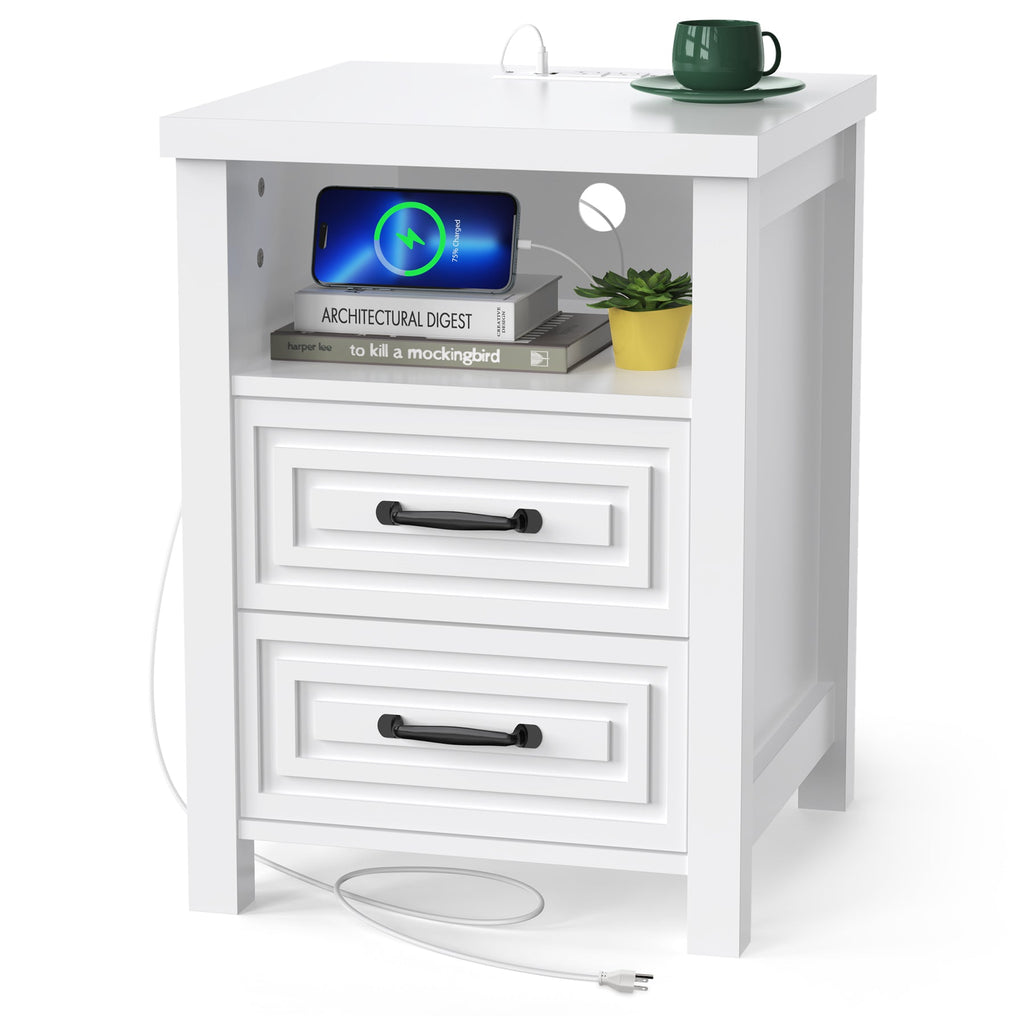 Nightstand with Charging Station Modern Bedside Table with 2 Wooden Drawers and Storage Shelves for Bedroom Living Room White