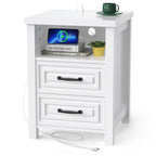 Nightstand with Charging Station Modern Bedside Table with 2 Wooden Drawers and Storage Shelves for Bedroom Living Room White