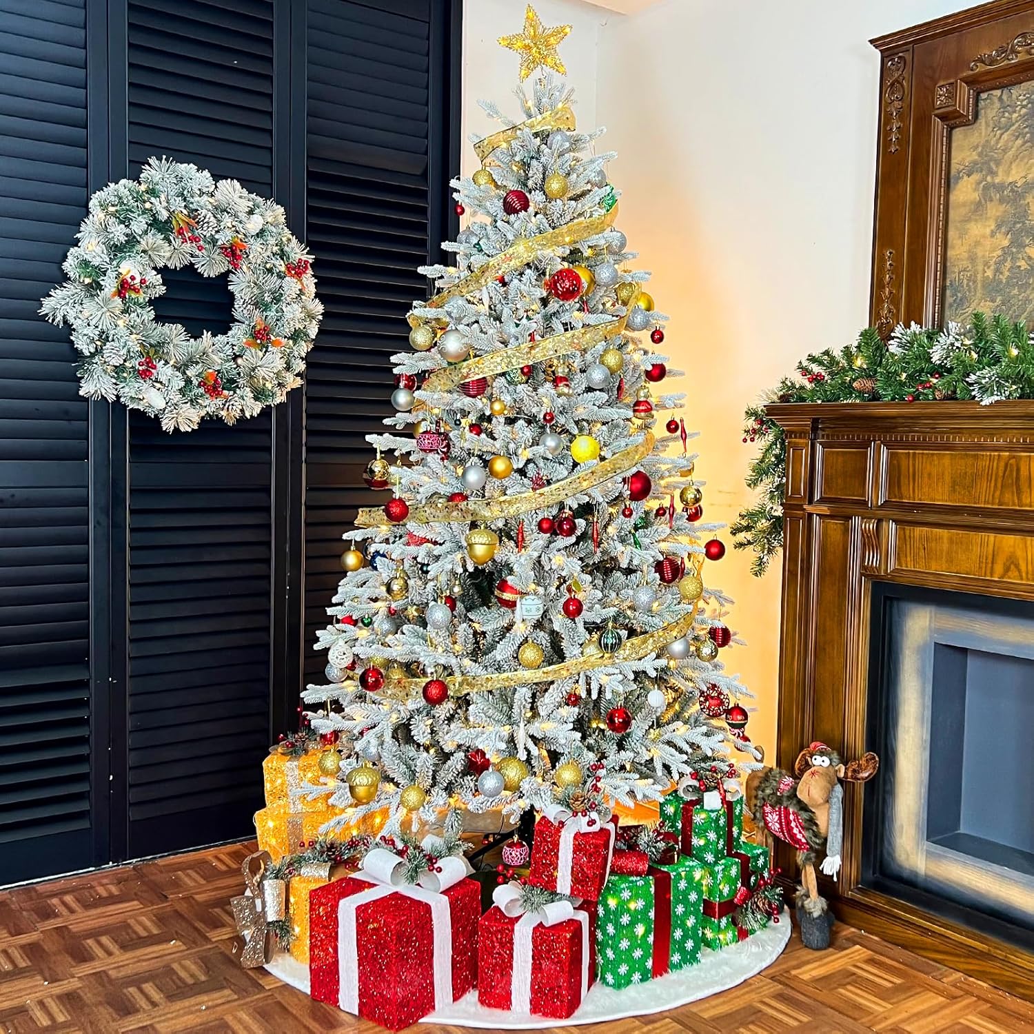 7.5ft Snow Flocked Artificial Holiday Christmas Pine Tree for Home, Office, Party Decoration With Warm Lights