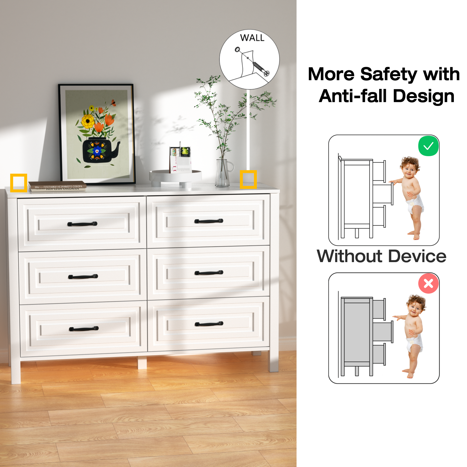 White Dresser for Bedroom with 6 Drawers,Modern Chest of Drawers Wide Wooden Double Dresser for Closet Living Room Entryway
