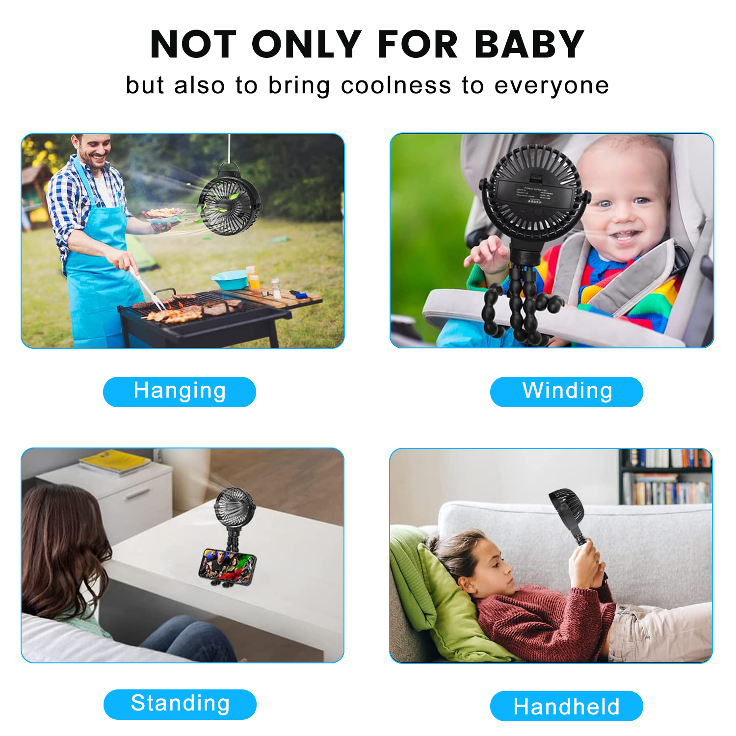 GPED Mini Portable Stroller Fan, Flexible Tripod, 360° Rotation, Battery Operated, Black